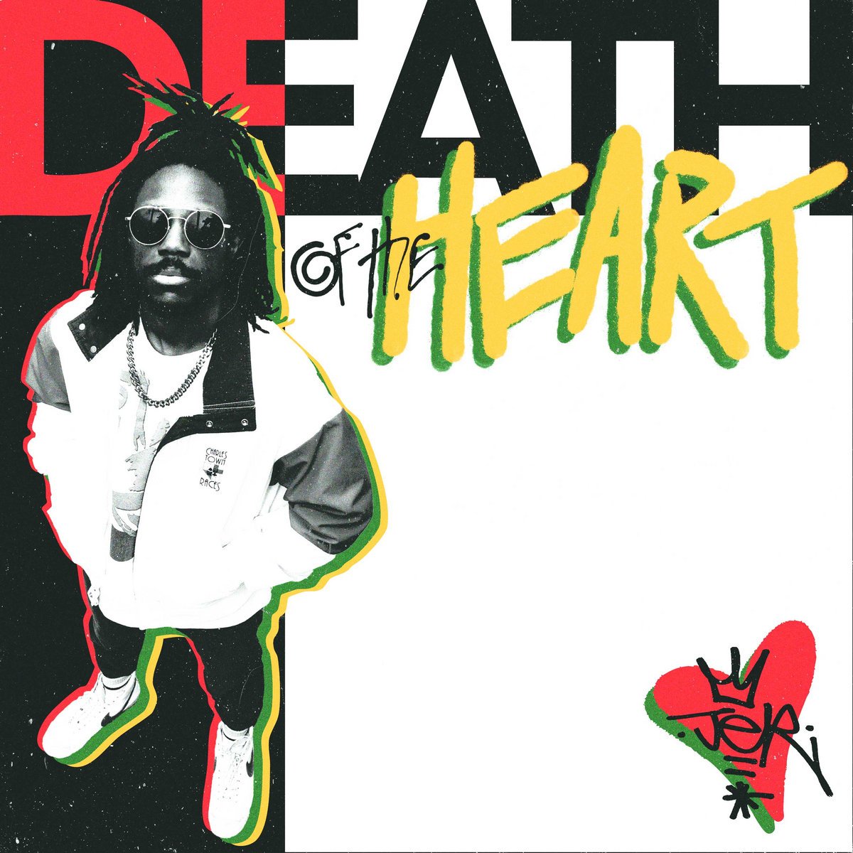 This is the album art for Death of the Heart by JER. It feature JER looking up at the camera. The photo is in black and white. And the rest of the color scheme for the title is red, black, yellow and Green