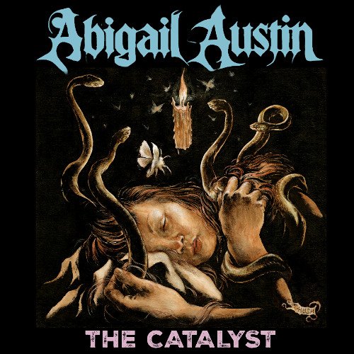 This is the album art for The catalyst by Abigail Austin. The bust of a woman is laying on its side. In her hand are snakes. A moth and a candle float above her head.