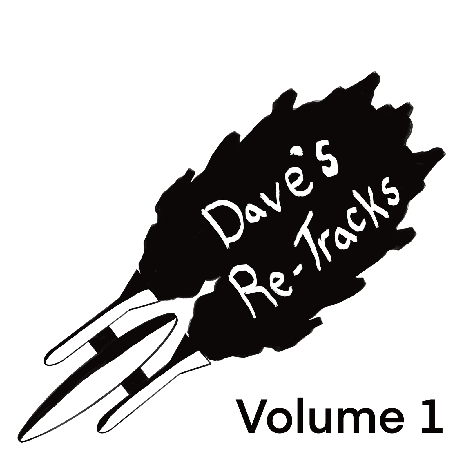 A rocket with a 1950’s retro esthetic is point down and to the left. Fire is blasting from its double booster rockets in the flames is written “Dave’s Re-Tracks”. The words Volume One are written in the bottom right hand corner. The image is in black and white.