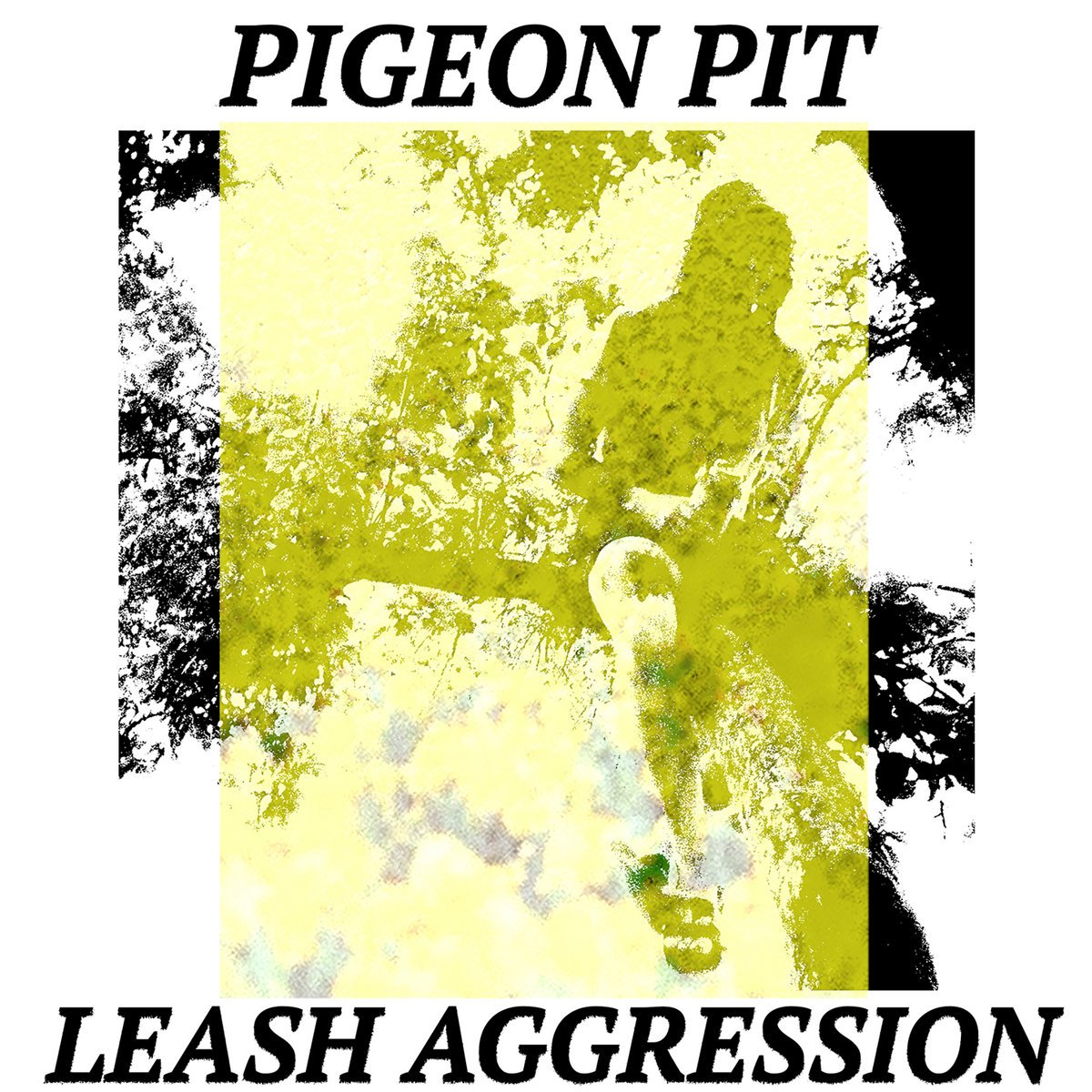 Album art for Leash Aggression by Pigeon Pit. Black and green abstract motif is flanked at the top with the words Pigeon Pit and at the bottom with the words Leash Aggression.